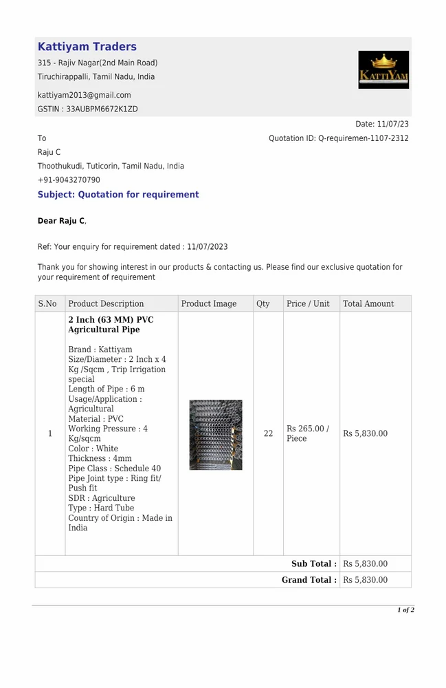 2 ઇંચ (63 MM) PVC કૃષિ પાઇપ