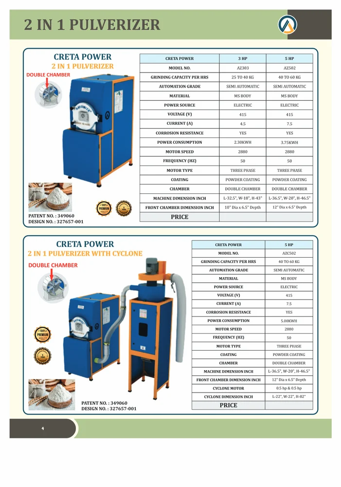 ચક્રવાત વિના 3HP ડબલ ચેમ્બર હળદર ગ્રાઇન્ડીંગ મશીન