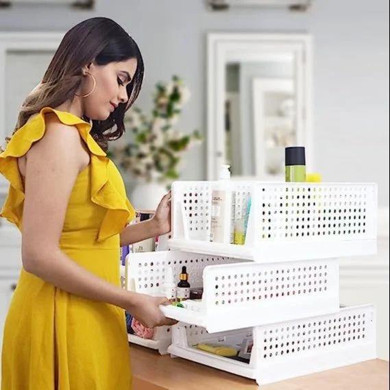 3 લેયર ફોલ્ડેબલ સ્લાઈડિંગ ડ્રોવર - 3 પેક સ્ટેકેબલ ક્લોથ્સ સ્ટોરેજ બાસ્કેટ ઓર્ગેનાઈઝર