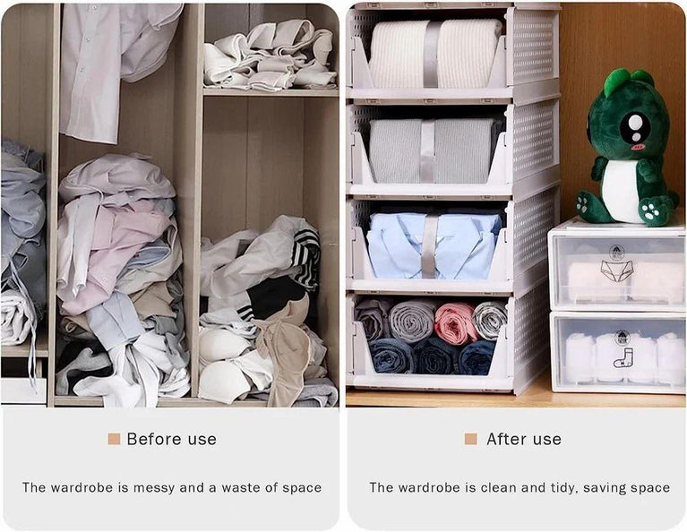 3 લેયર ફોલ્ડેબલ સ્લાઈડિંગ ડ્રોવર - 3 પેક સ્ટેકેબલ ક્લોથ્સ સ્ટોરેજ બાસ્કેટ ઓર્ગેનાઈઝર