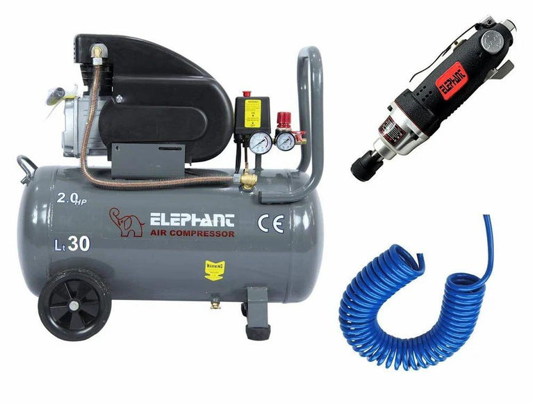 Elephant Air Compressor 30 litres 2 HP AC30C with 1/4" Air Screw Driver & PU Pipe 10 Mtr. Coil
