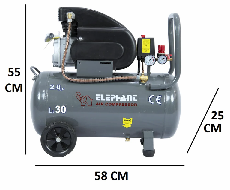 Elephant Air Compressor 30 litres 2 HP AC30C with 1/4" Air Screw Driver & PU Pipe 10 Mtr. Coil
