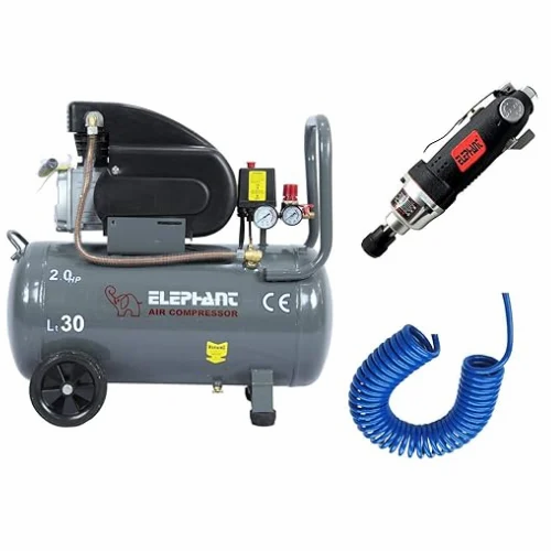 एलीफेंट एयर कंप्रेसर 30 लीटर 2 HP AC30C एयर स्क्रू ड्राइवर और PU पाइप 10 मीटर कॉइल के साथ