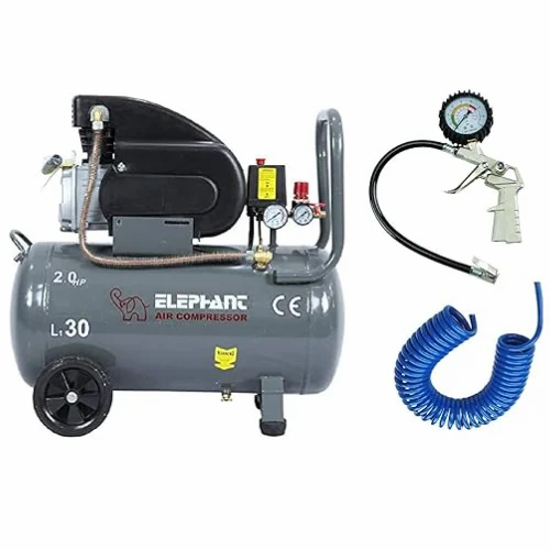एलीफेंट एयर कंप्रेसर 30 लीटर 2 HP AC30C टायर इन्फ्लेटिंग गन TG-08 और PU पाइप 10 मीटर कॉइल के साथ
