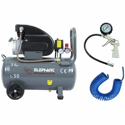 एलीफेंट एयर कंप्रेसर 50 लीटर 2 HP AC50C टायर इन्फ्लेटिंग गन TG-08 और PU पाइप 10 मीटर कॉइल के साथ