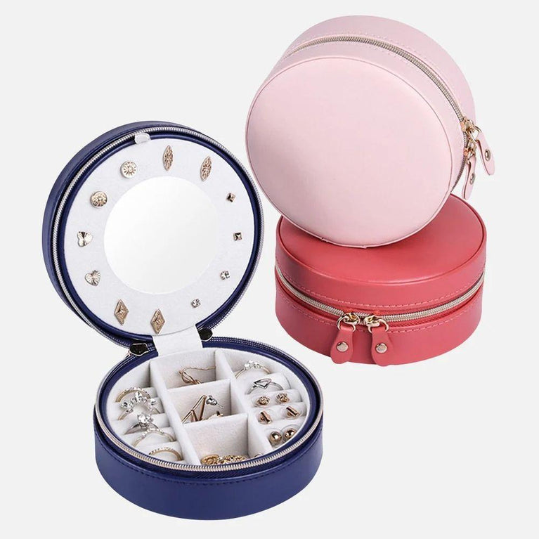 JEWELLERY BOX ROUND - Round Mini PU Leather Small Mirror Jewelry Box