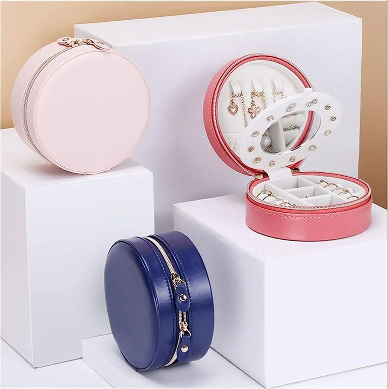 JEWELLERY BOX ROUND - Round Mini PU Leather Small Mirror Jewelry Box