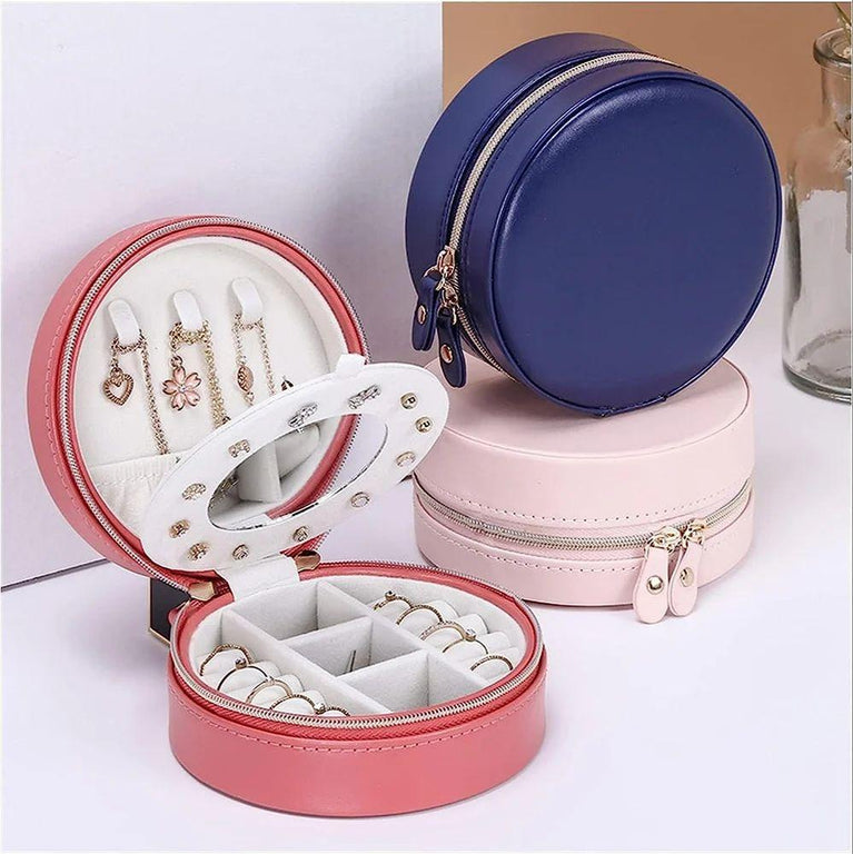 JEWELLERY BOX ROUND - Round Mini PU Leather Small Mirror Jewelry Box
