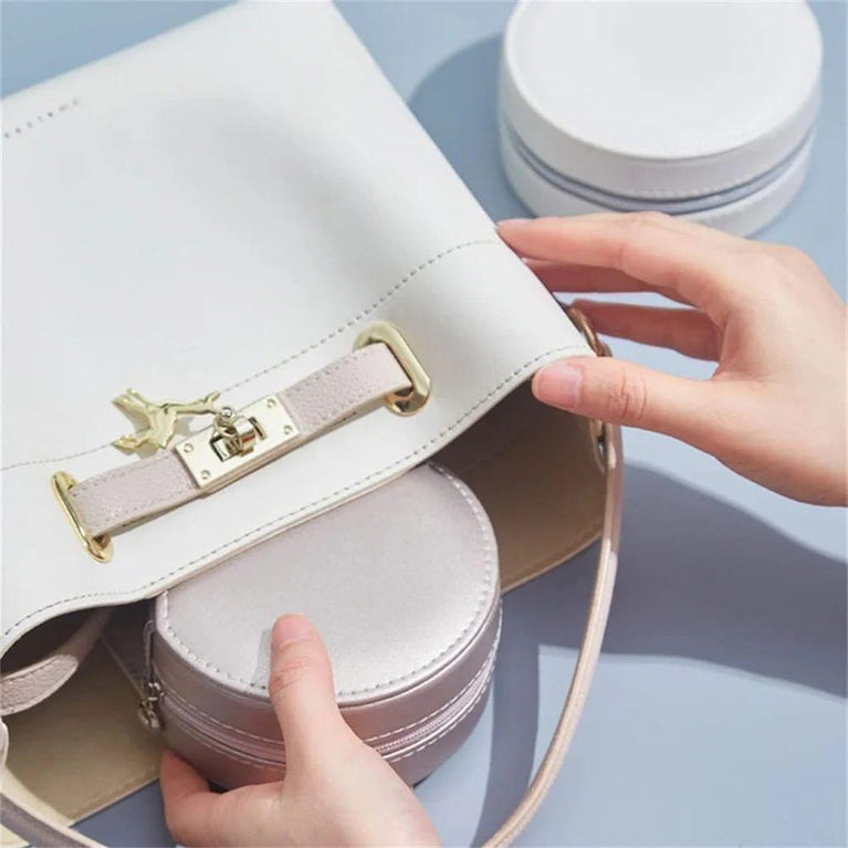 JEWELLERY BOX ROUND - Round Mini PU Leather Small Mirror Jewelry Box