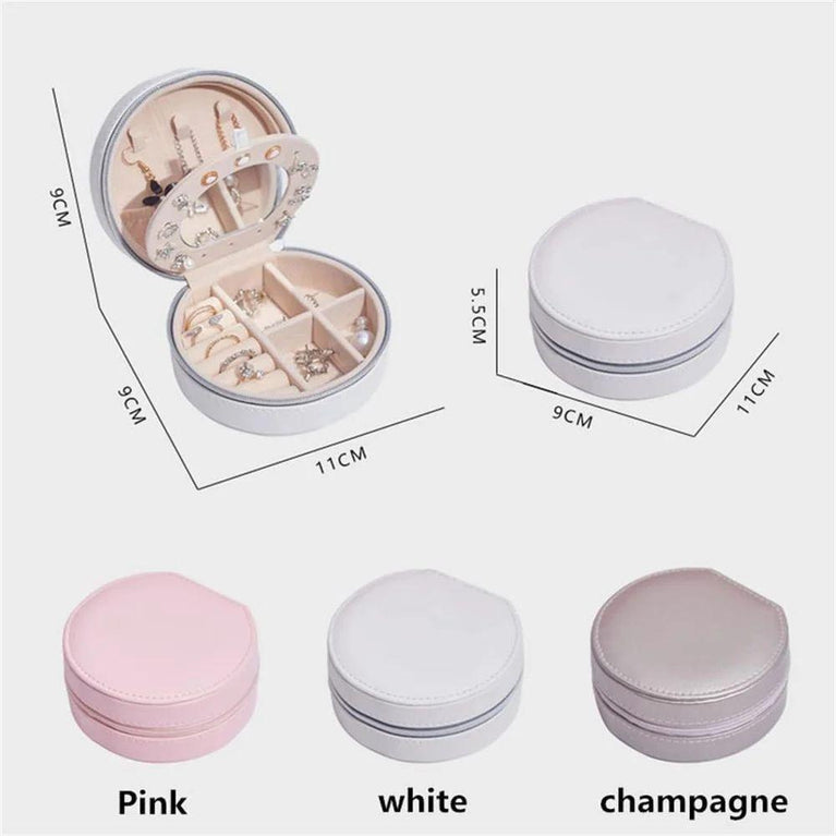 JEWELLERY BOX ROUND - Round Mini PU Leather Small Mirror Jewelry Box