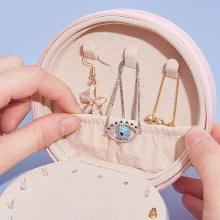 JEWELLERY BOX ROUND - Round Mini PU Leather Small Mirror Jewelry Box