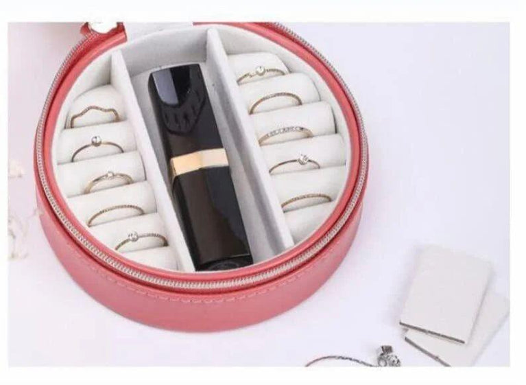 JEWELLERY BOX ROUND - Round Mini PU Leather Small Mirror Jewelry Box