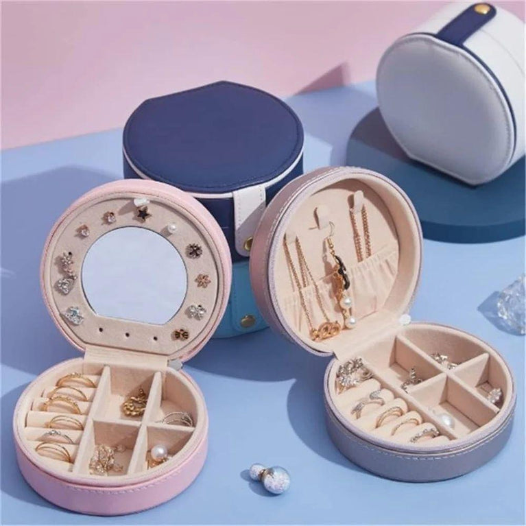 JEWELLERY BOX ROUND - Round Mini PU Leather Small Mirror Jewelry Box