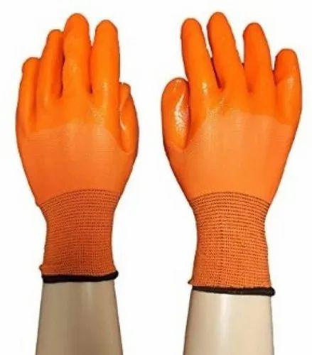 Rubber Coated Cotton Hand Gloves One Pair Orange