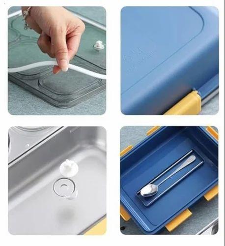 SS LUNCH BOX 4 COMPARTMENT - Stainless Steel Leak Proof 4 Compartment Lunch Box